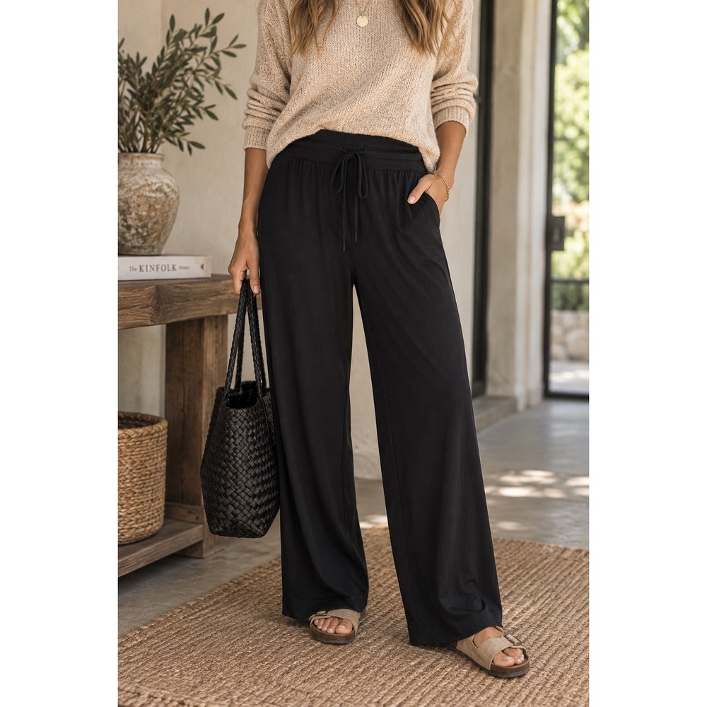 Lou & Grey Brushedsoft Black Wide Leg Drawstring Pants XXLP Petite Plus Size